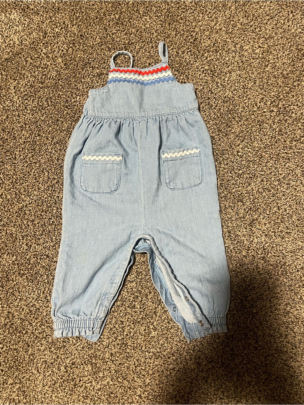 Old Navy Light Wash Denim Overalls with Red & Blue Trim